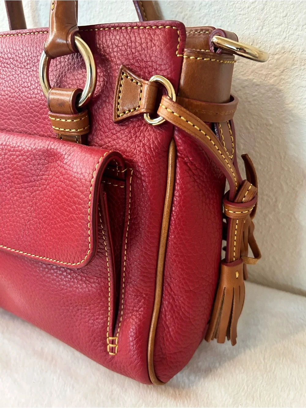 Dooney & Bourke Medium Pocket Satchel Cranberry Gold Hardware Pebbled Leather